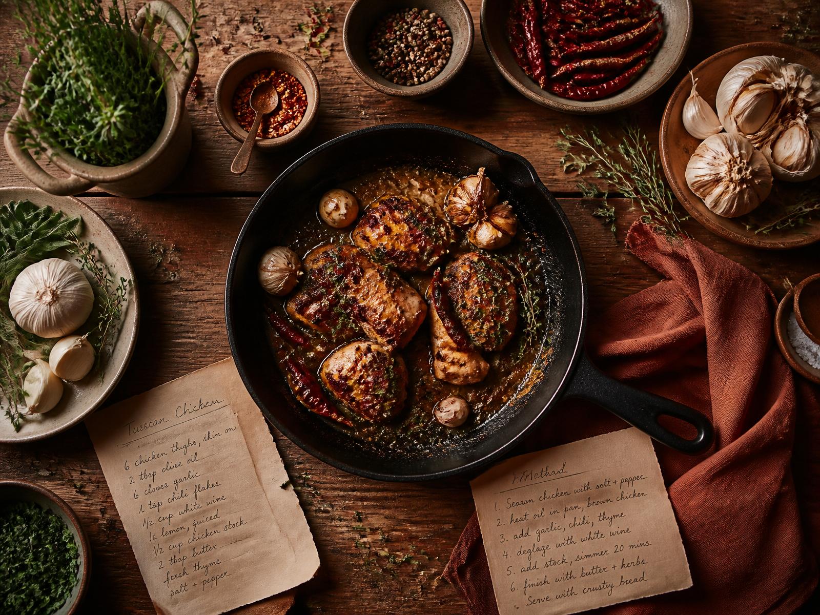Overhead view of a rustic kitchen with iron skillet, herbs, spices, and handwritten recipe notes